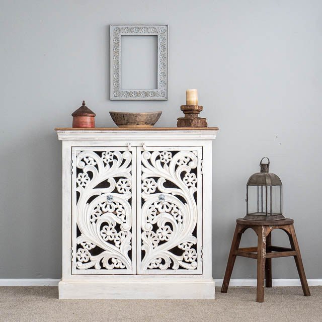 Wooden Hand-carved Saachi Small Sideboard White Color Cabinet