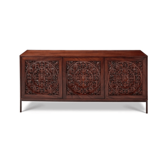 Hand carved Solid Wood Three Door Brown Color Sideboard | Modern Wooden Credenza