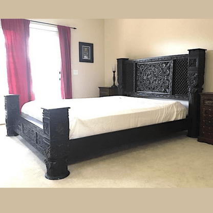 Hand Carved Solid Wood Bedroom Black Finish Bed | Carving Bed with Black Finish