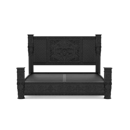 Hand Carved Solid Wood Bedroom Black Finish Bed | Carving Bed with Black Finish