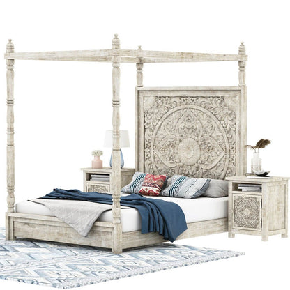 Hand-carved Solid Wood Canopy Platform Bed and Headboard