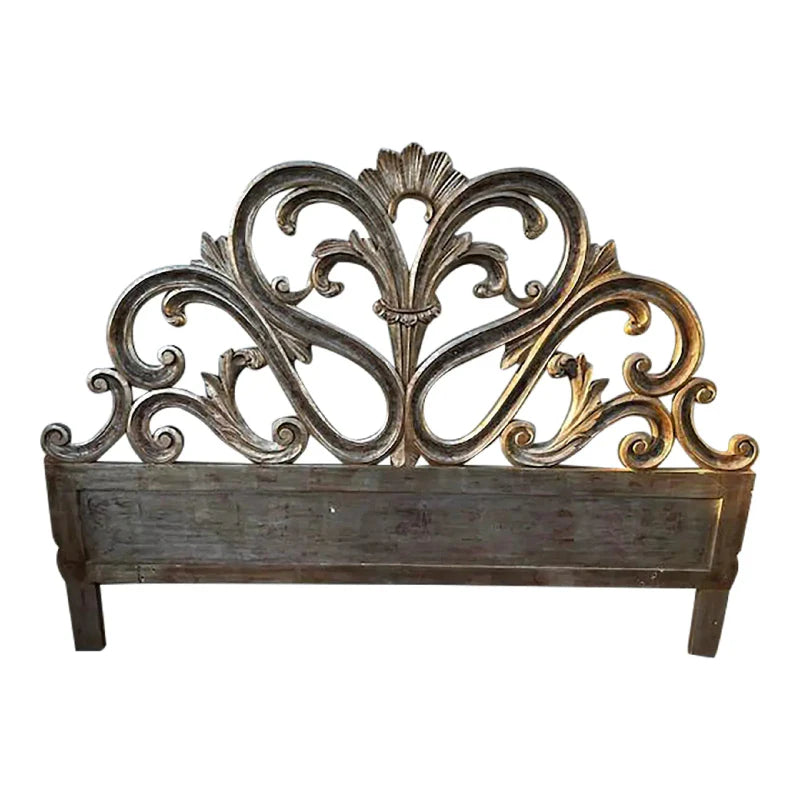 Hand Carved Solid Wood Silver Leaf Design Headboard