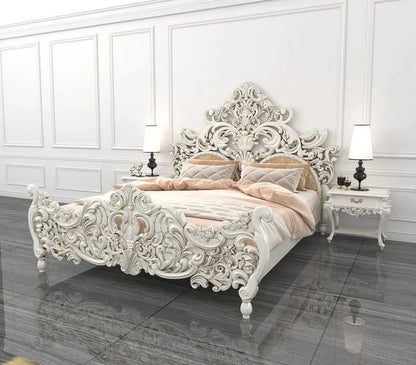 Hand Carved Solid Wood White Color Bed with Headboard