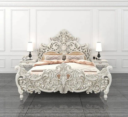 Hand Carved Solid Wood White Color Bed with Headboard