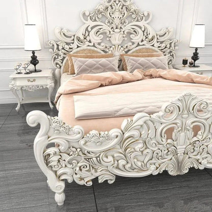 Hand Carved Solid Wood White Color Bed with Headboard