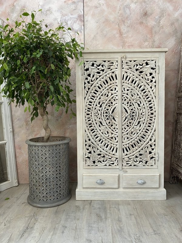 Hand Carved Solid Wooden Armoire in White Color