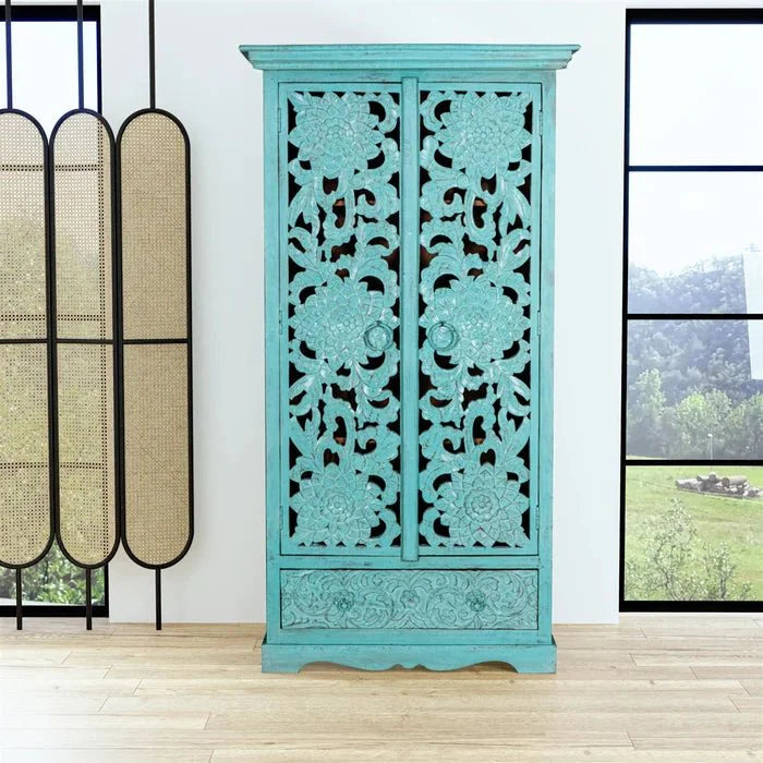 Hand Carved Solid Wooden Armoire Wardrobe in Light Blue Color