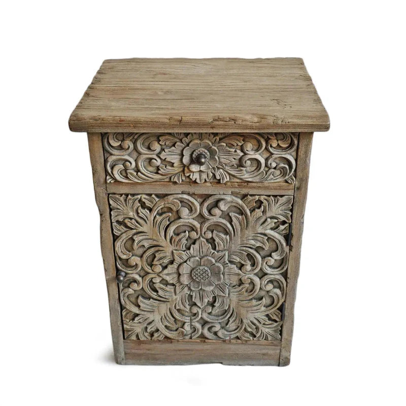 Hand Carved Solid Wooden Bedside Table with One door and Storage One Drawer