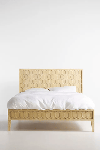 Hand-carved Textured Trellis Bed | Wooden Platform Bed in Natural Color