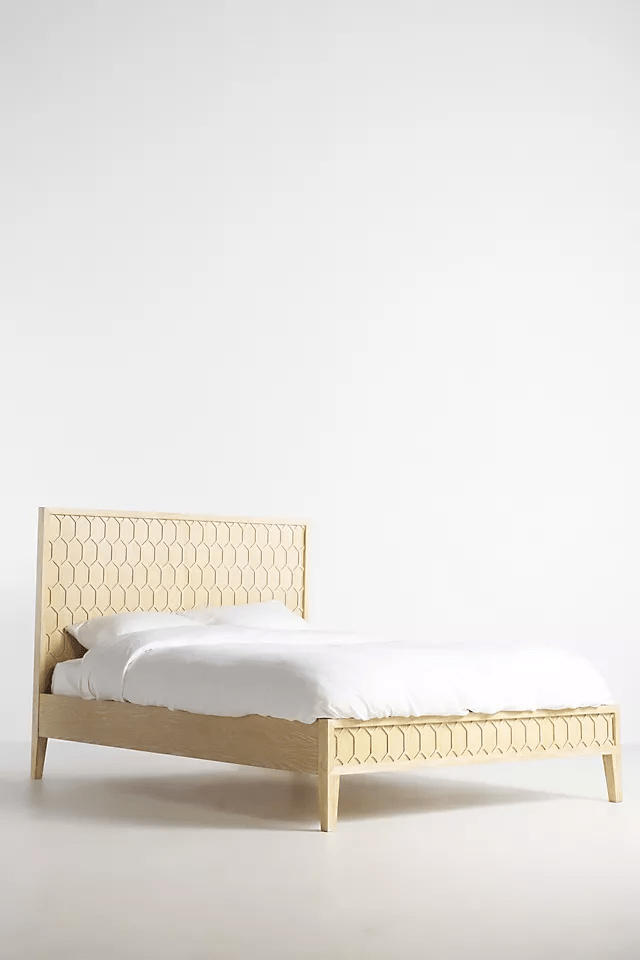 Hand-carved Textured Trellis Bed | Wooden Platform Bed in Natural Color