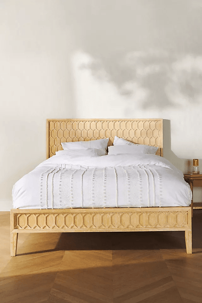 Hand-carved Textured Trellis Bed | Wooden Platform Bed in Natural Color