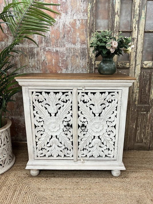 Hand-carved Two Door Small Sideboard | Solid Wooden Cabinet