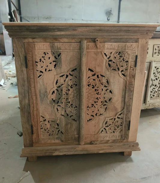 Hand Carved Two Doors Solid Wooden Entryway Cabinet