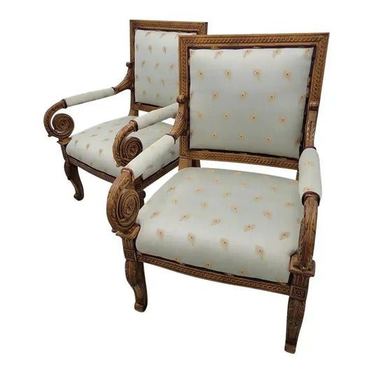 Hand Carved Vintage Sherrill Upholstered Hollywood Regency Dining Armchairs