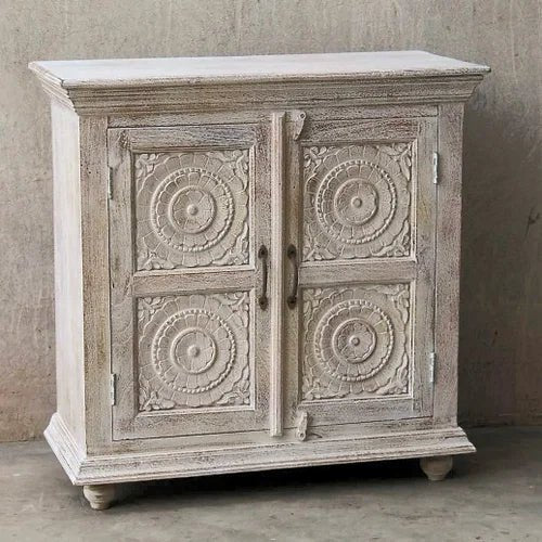 Hand Carved White Color Cabinet | Two Door Small Sideboard