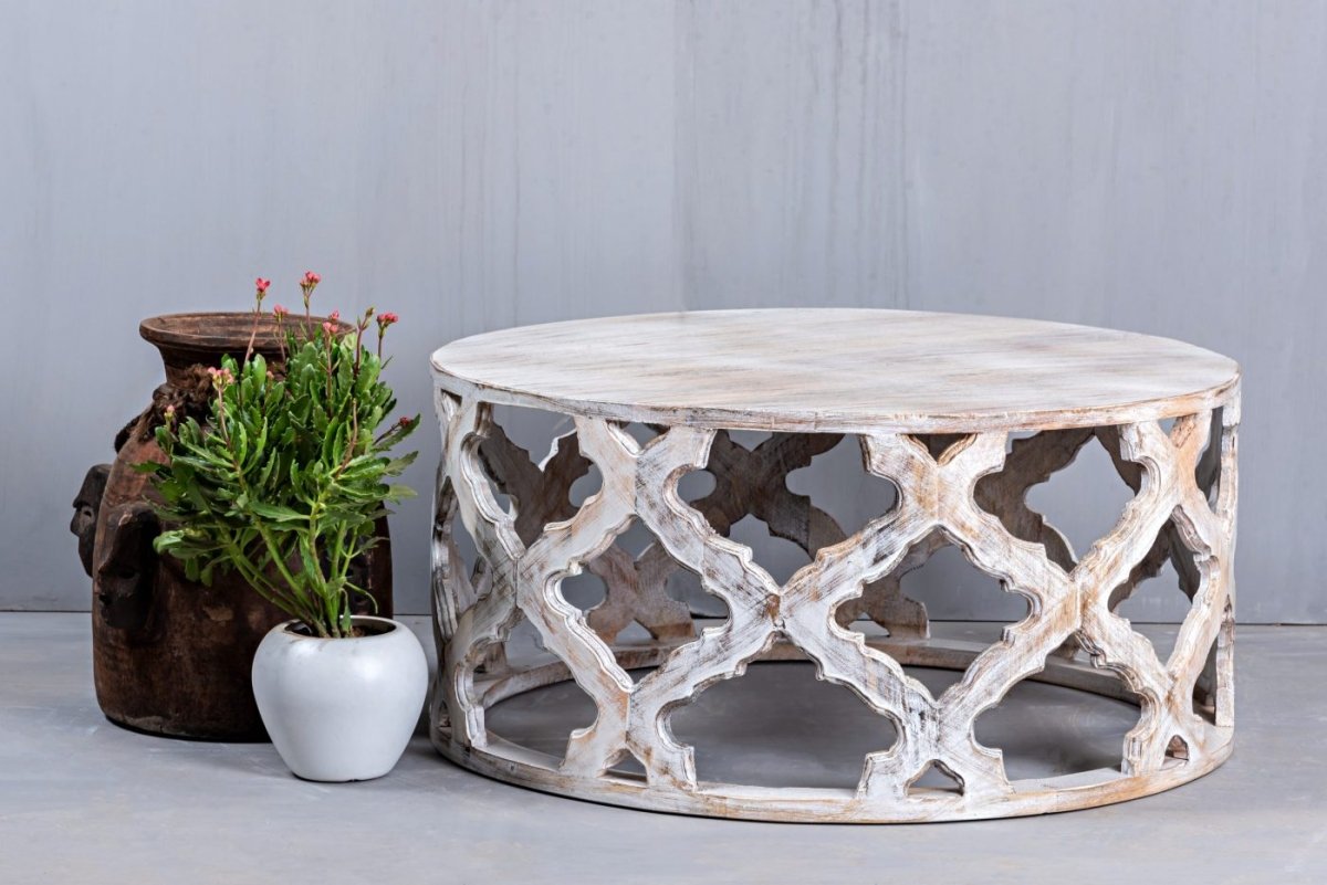 Hand-carved Wooden White Color Coffee Table