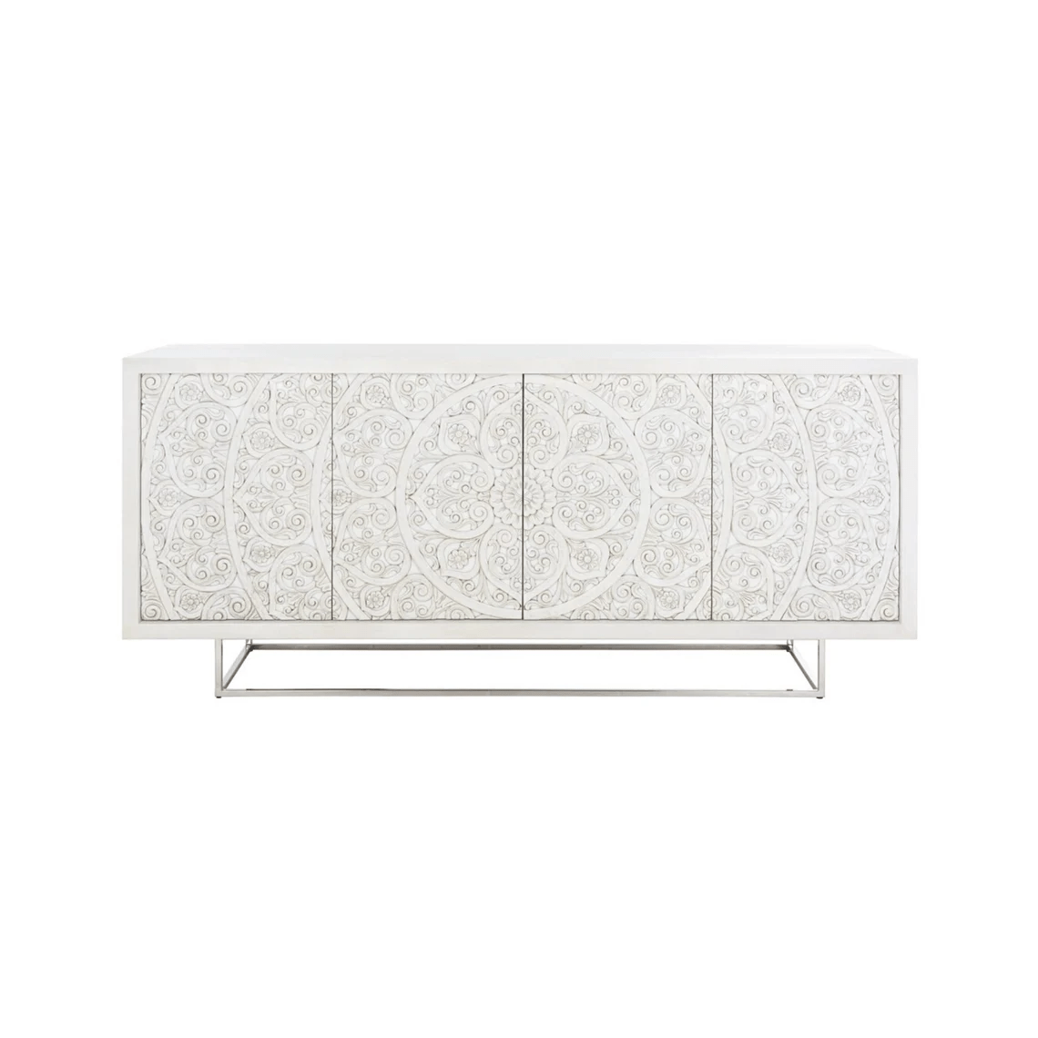 Hand Carved White Color Sideboard with Metal Base | Indian Carving Buffet table