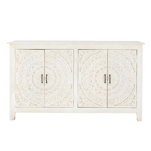 Hand-carved White Color Solid Wood Four Door Sideboard Buffet