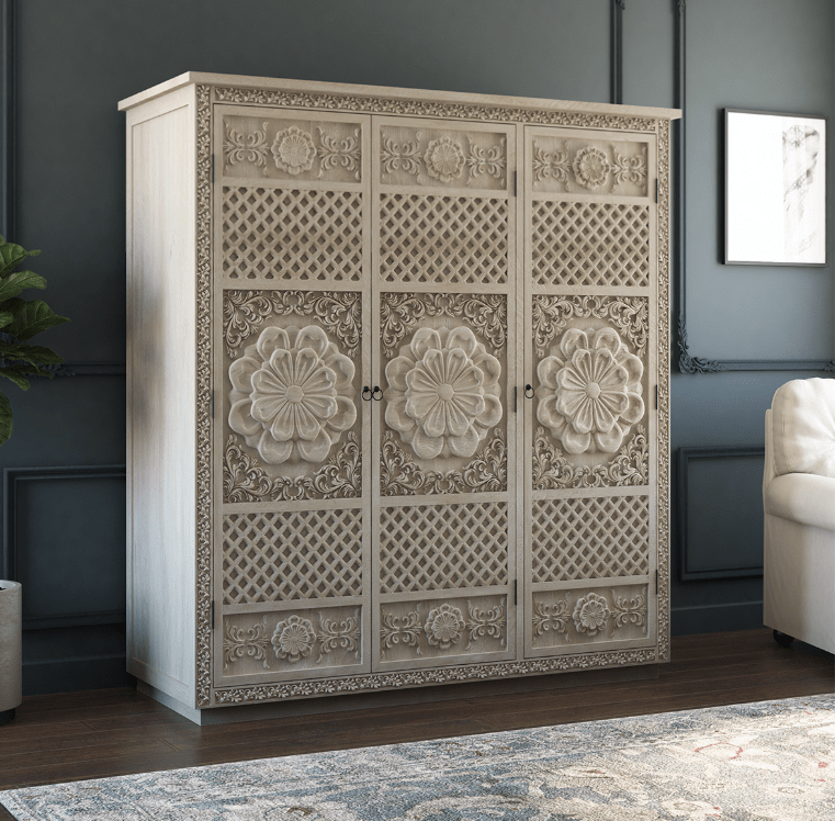 Hand Carved White Color Three Door Sunflower Design Armoire