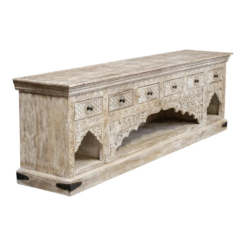 Hand Carved Whitewashed Low Sideboard