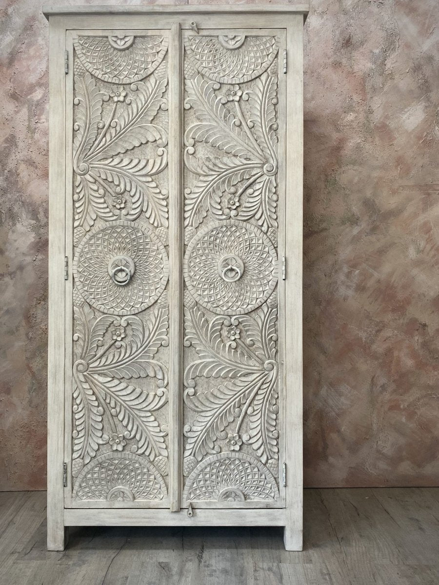 Hand Carved Wooden Armoire | Indian Wardrobe in White Color