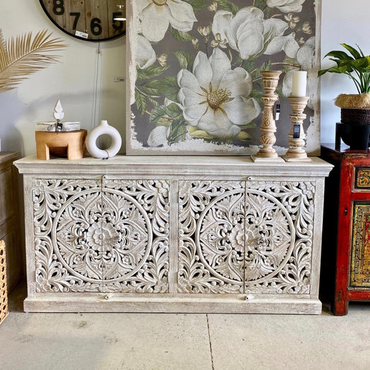 Hand Carved Wooden Chakra Pattern Sideboard with Four doors