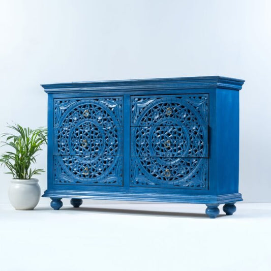 Hand-carved Wooden Chest of Drawers | Carved Dresser in Blue Color