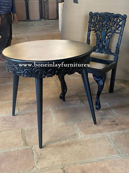 Hand-carved Wooden Dining Table Set in Black Color