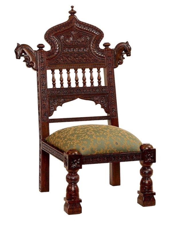 Hand Carved Wooden Low Height Brown Color Chair with Cushion