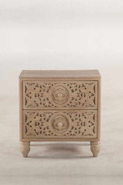 Hand Carved Wooden Nightstand with Two Drawers | Natural Color Bedside table