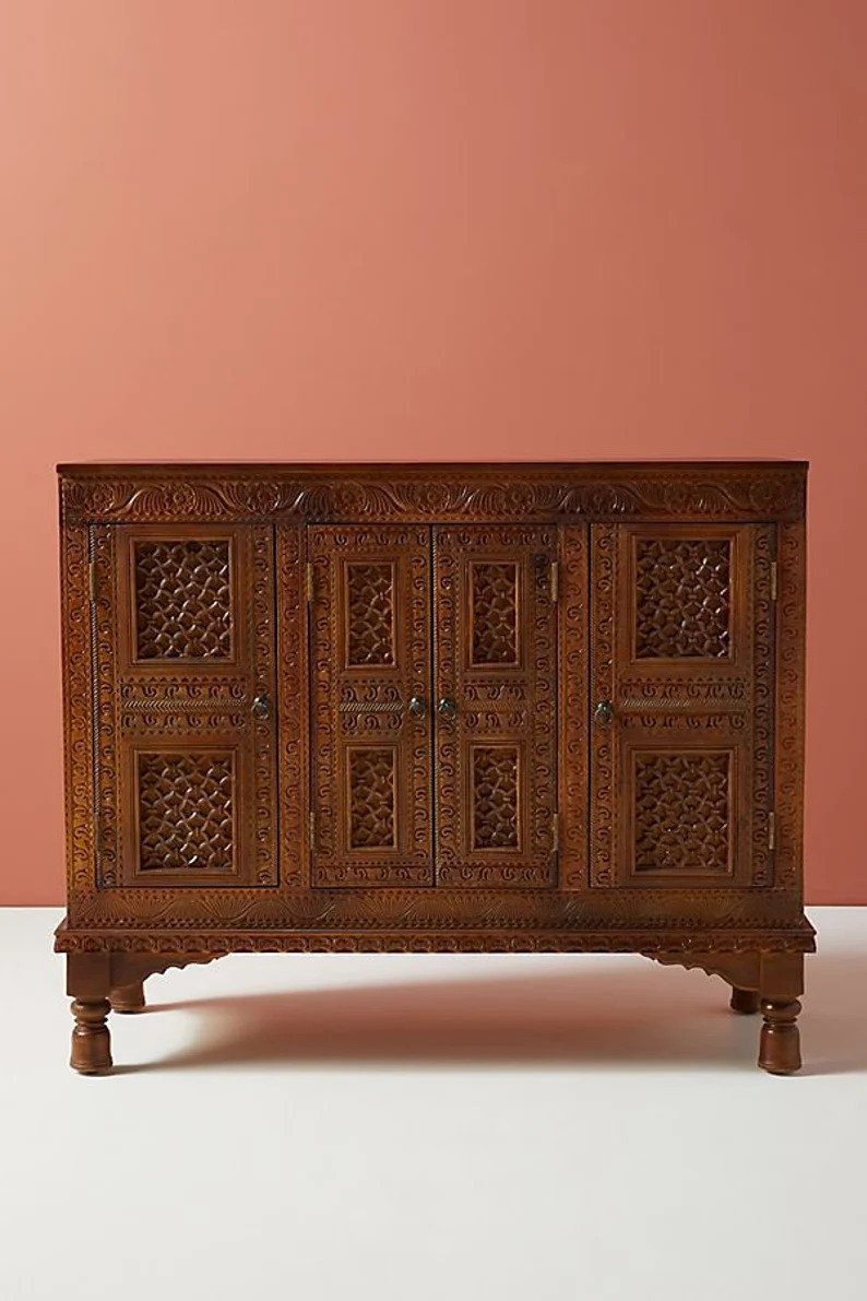 Hand-carved Wooden Sideboard Brown Color | Checkered Wood Carving Buffet