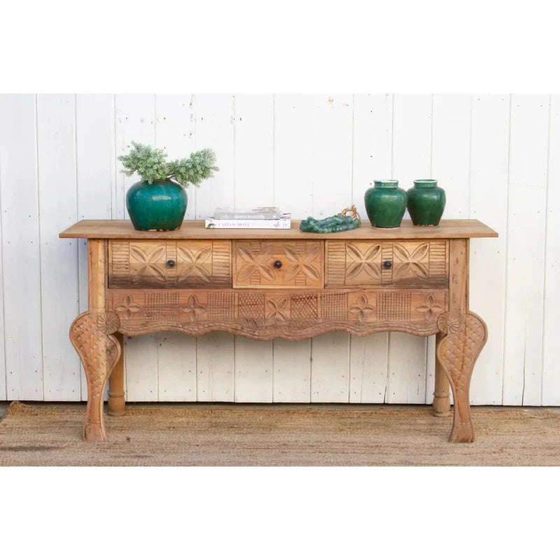 Hand Carved Wooden Three Drawer Console Table