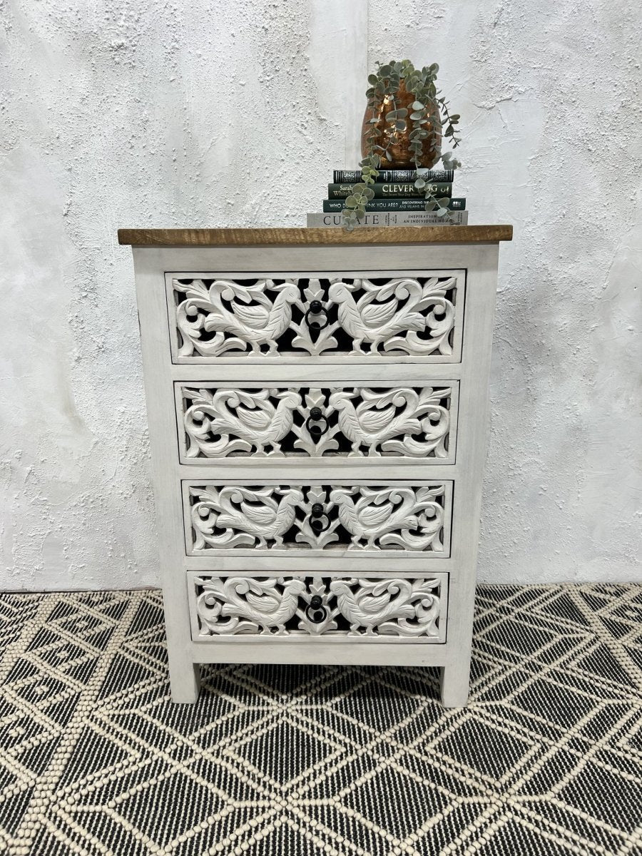 Hand Carved Chest of Four Drawer Dresser in White Washed Color