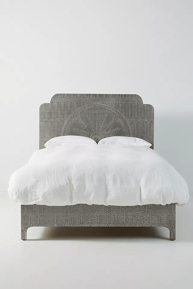 Hand-Embossed Brass Lotus Bed In White Metal |  Antique White Metal Bed