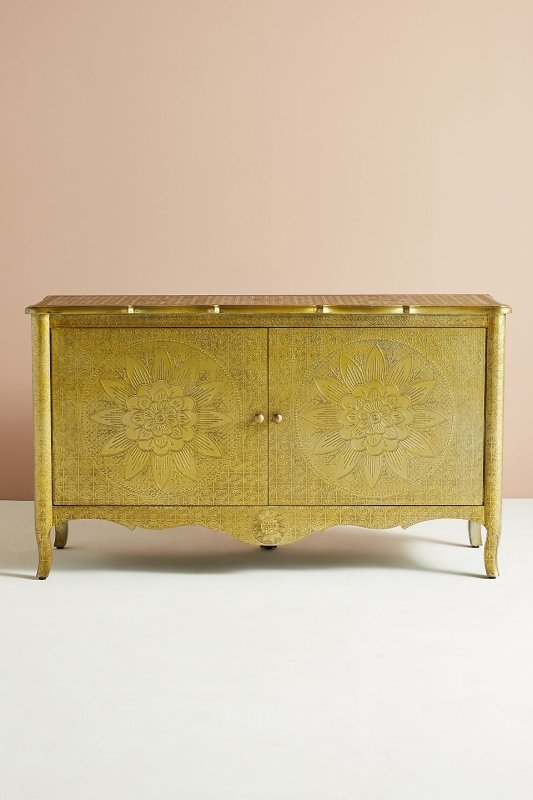 Hand-Embossed Lotus Buffet Table in Golden Metal | Indian Brass Metal Sideboard