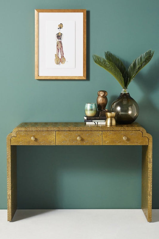 Hand-Embossed Lotus Console Desk | Antique Metal Entryway Table