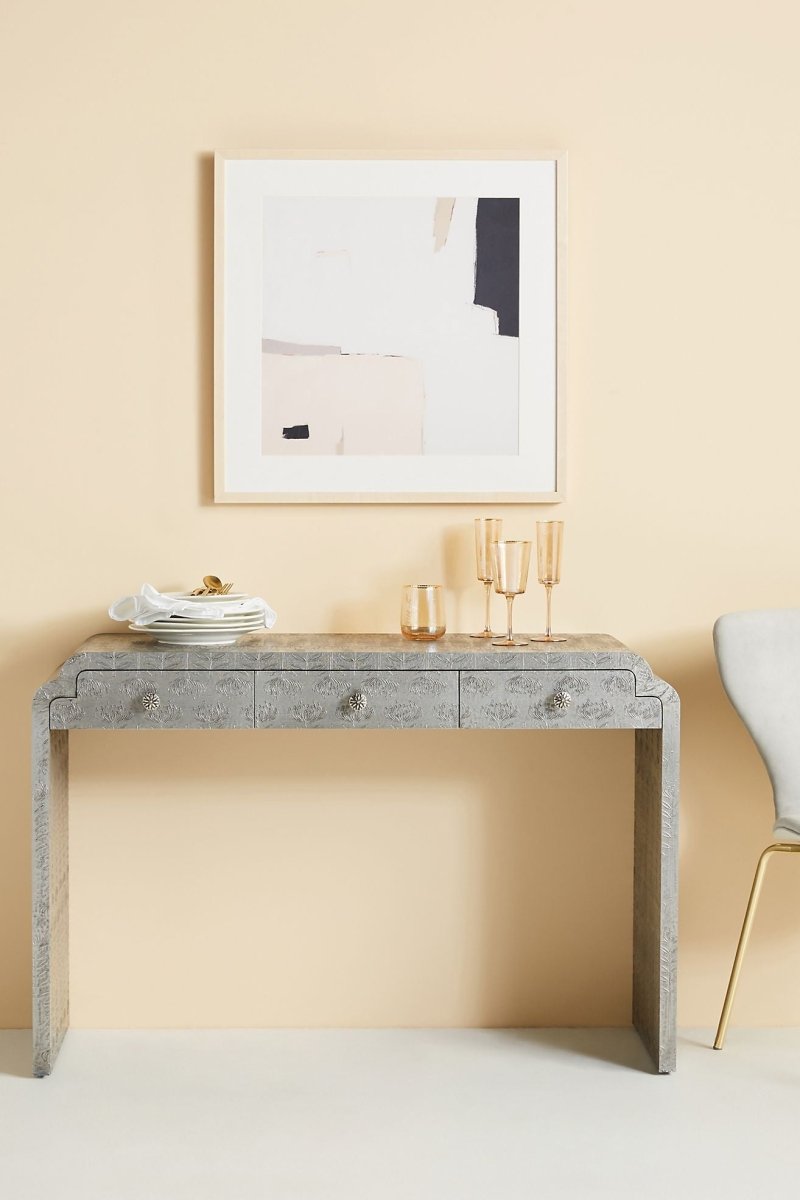 Hand-Embossed Lotus Console Table | Entryway Table with Storage