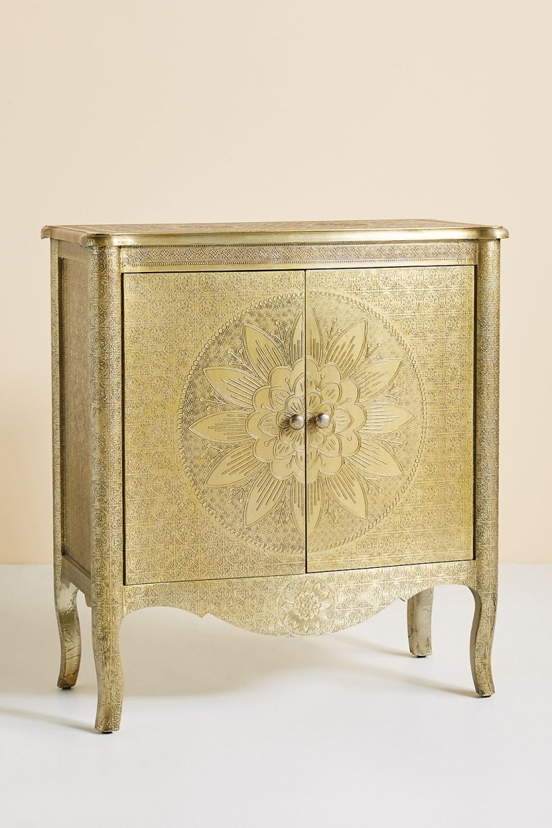 Hand-Embossed Lotus Entryway Cabinet | Brass Metal Antique Cabinet