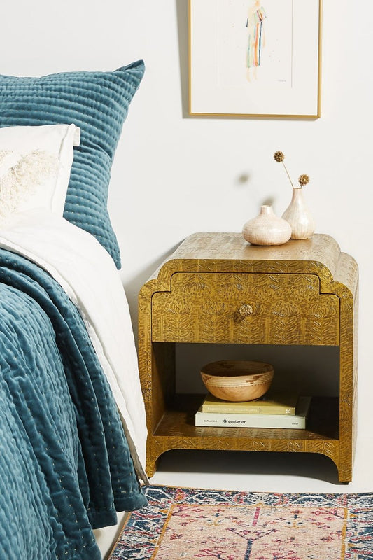 Hand-Embossed Lotus Nightstand | Brass Golden Metal Bedside | Indian Furniture