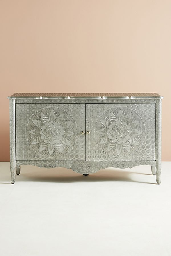 Hand-Embossed Metal Buffet Table in white Color | Indian Custom Made Sideboard