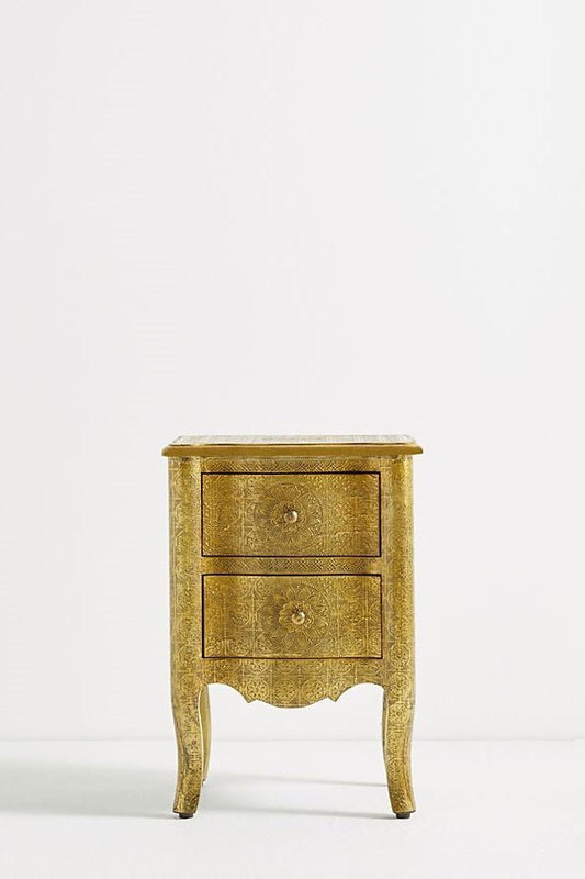 Hand-Embossed Nightstand with Two Drawers | Antique Golden Metal Bedside