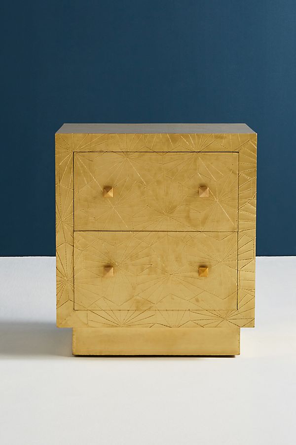 Unique Hand Embossed Nightstand with Two Drawers | Hand Brass Metal Bedside