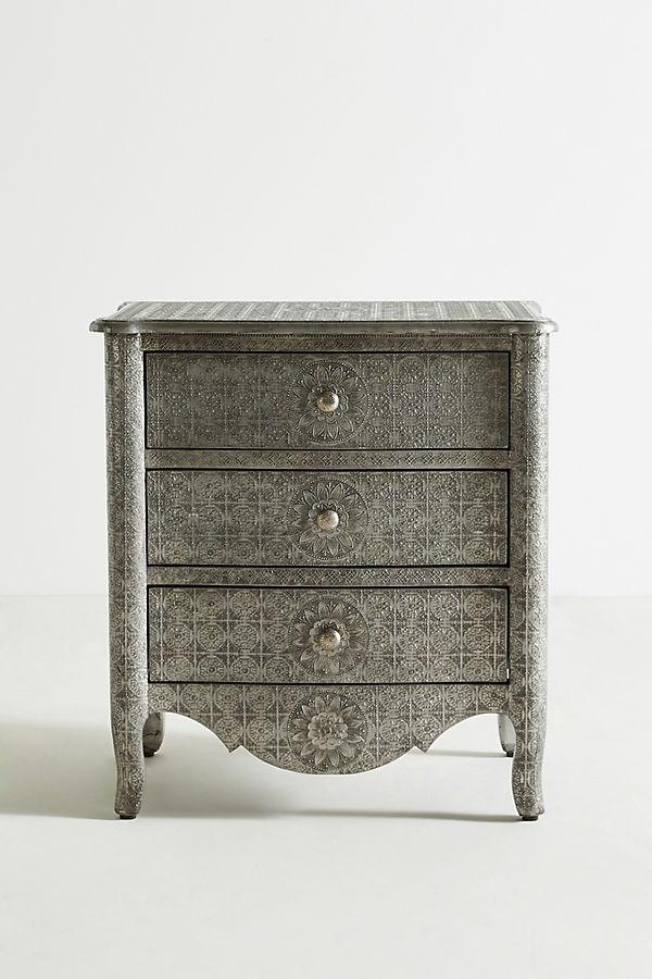 Hand-Embossed Nightstand with Three Drawers | White Metal Lamp Stand