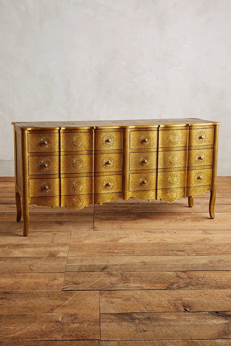 Hand Embossed Six Drawer Dresser  | Indian Brass Embossed Chest Of Drawer