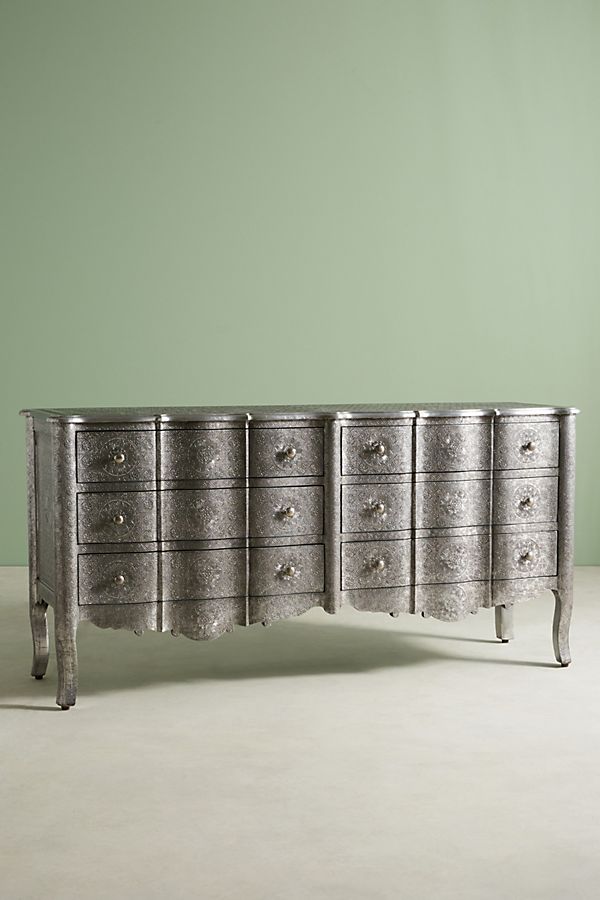 Hand-Embossed Six-Drawers Dresser | Silver Metal Indian Chest of Drawers