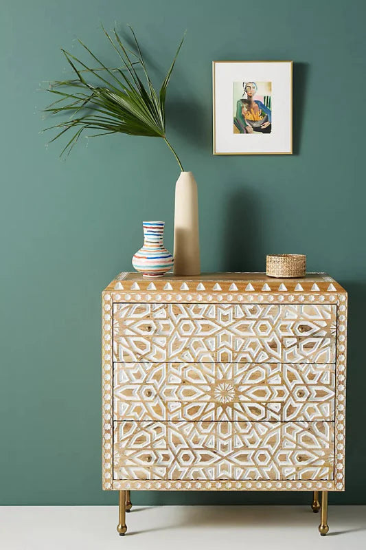 Handcarved Albaron Three-Drawer Dresser with Antique Brass Legs