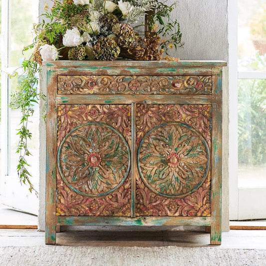 Hand carved Multicolored One Drawer Two Door Indian Style Cabinet | Wooden Cabinetry Furniture