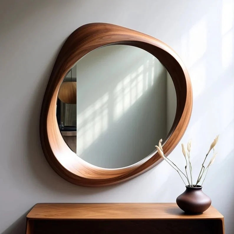 Designer Asymmetrical Walnut Brown Wooden Frame Mirror | Irregular Mirror