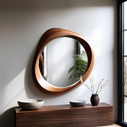 Designer Asymmetrical Walnut Brown Wooden Frame Mirror | Irregular Mirror