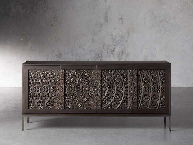 Hand Carved Mandala Media Unit | Wooden Credenza |